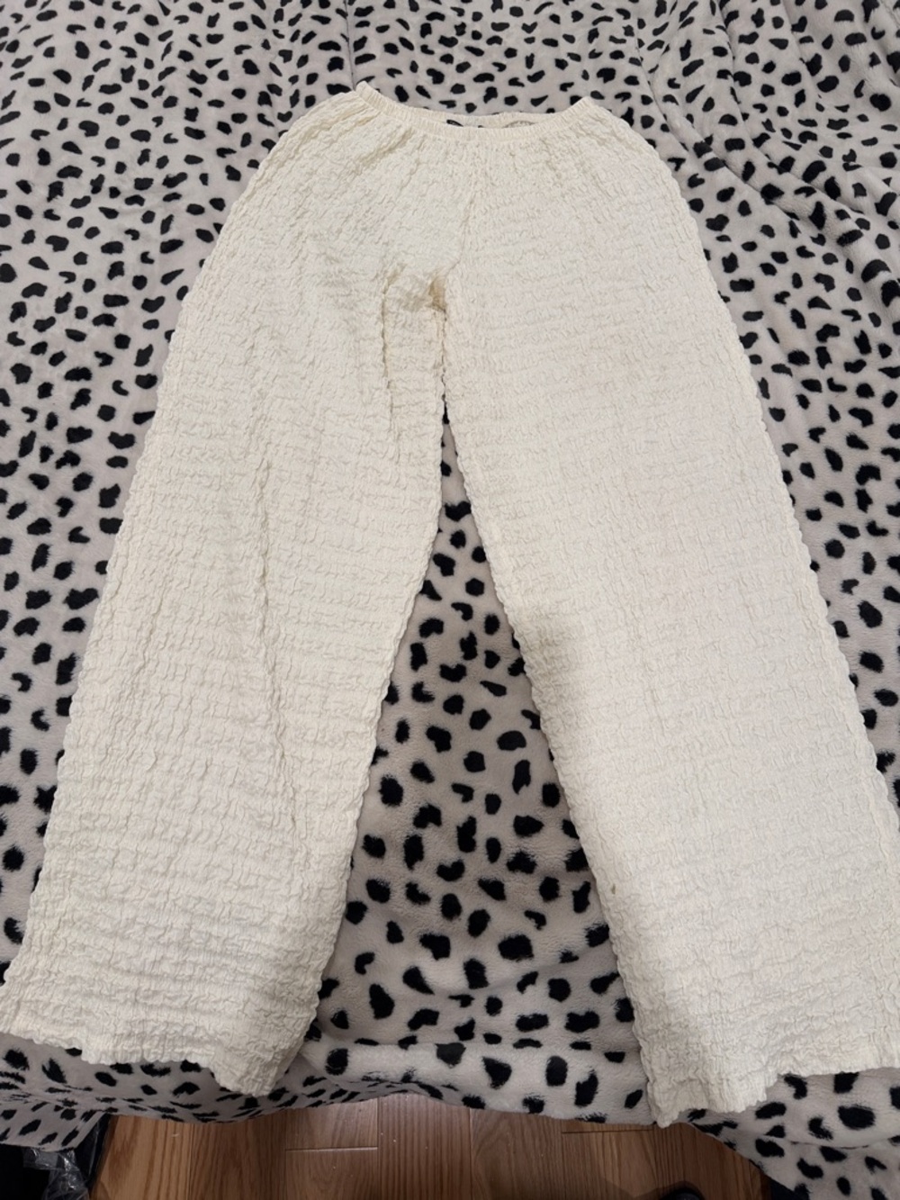 Cream Textured Wide-Leg Lounge Pants with Matching Top